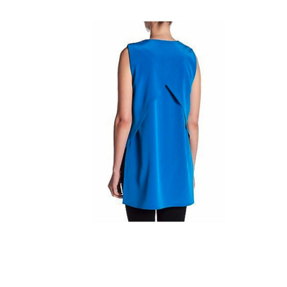 NWT~ $198~ DKNY Top Tunic Women V-neck‎ Sleeveless asymmetrical Cerulean Blue~S - Picture 2 of 4